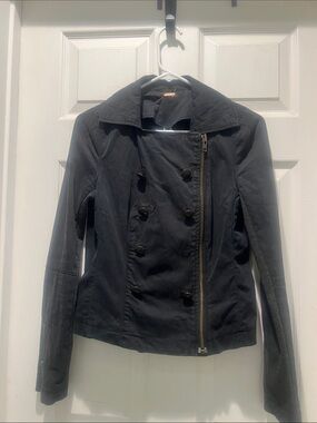 Free People Black Double-Breasted Asymmetrical Zip Fitted Jacket